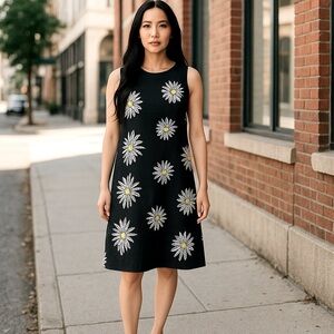 CHRISTY ALLEN LINEN EMBROIDERED FLORAL DRESS BLACK WHITE YELLOW SIZE LARGE GOTH